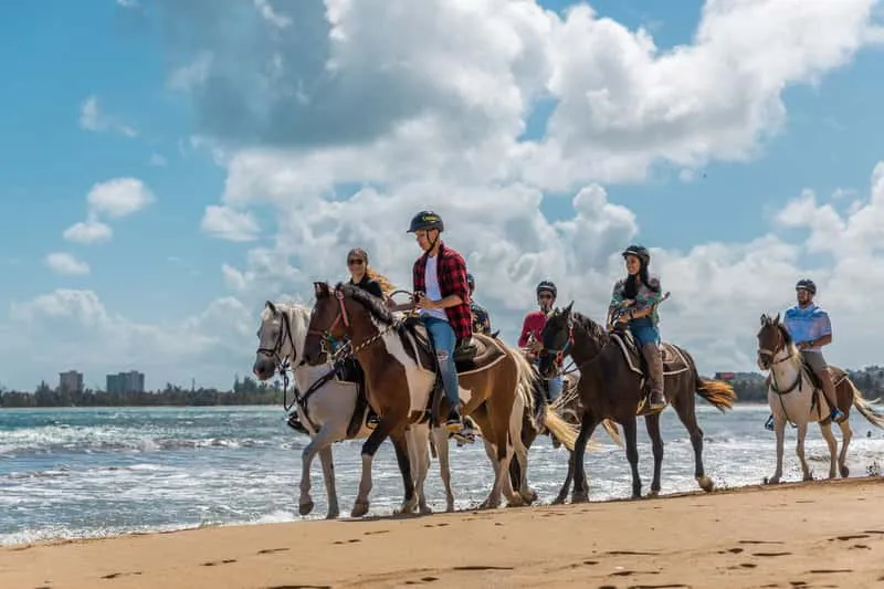 Riders on horseback along a tropical beach at Carabalí Rainforest Park, beach horseback riding Puerto Rico near Luquillo — an alternative northeast coast option to the Aguadilla beach ride